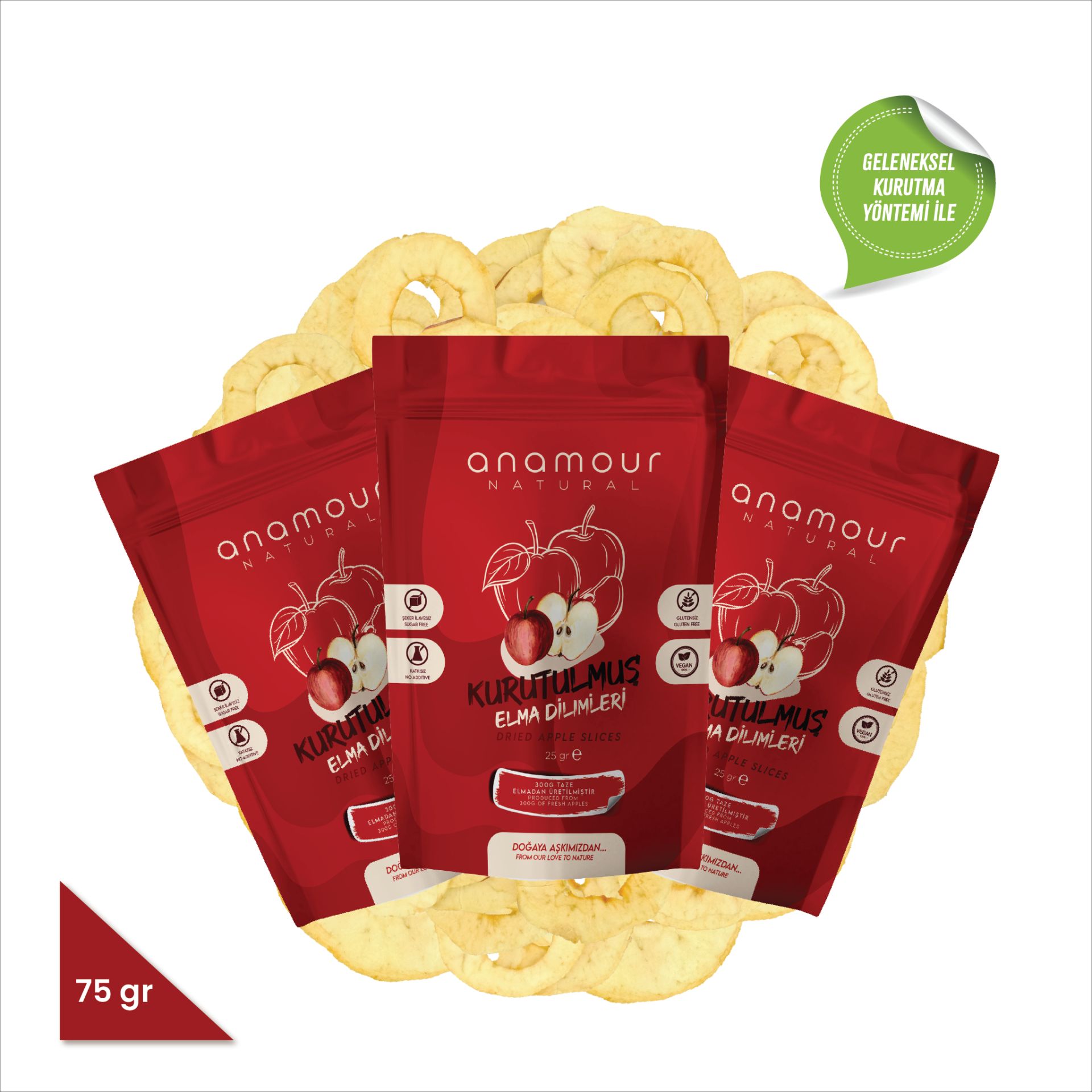 Anamour Natural Dried Apple - Chips Apple (No Sugar Added) - 3 Pack Dried Fruit 75g