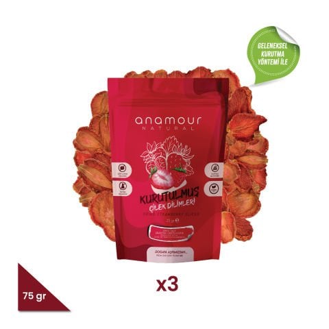 3-Piece Anamour Natural Dried Strawberries - Chips Strawberries (Sugar-Free) - Dried Fruit Crunch 75 Grams