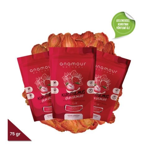 3-Piece Anamour Natural Dried Strawberries - Chips Strawberries (Sugar-Free) - Dried Fruit Crunch 75 Grams