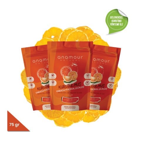 Packung mit 3 getrockneten, schalenlosen Orangenfrüchten 75 Gramm – Anamour Natural