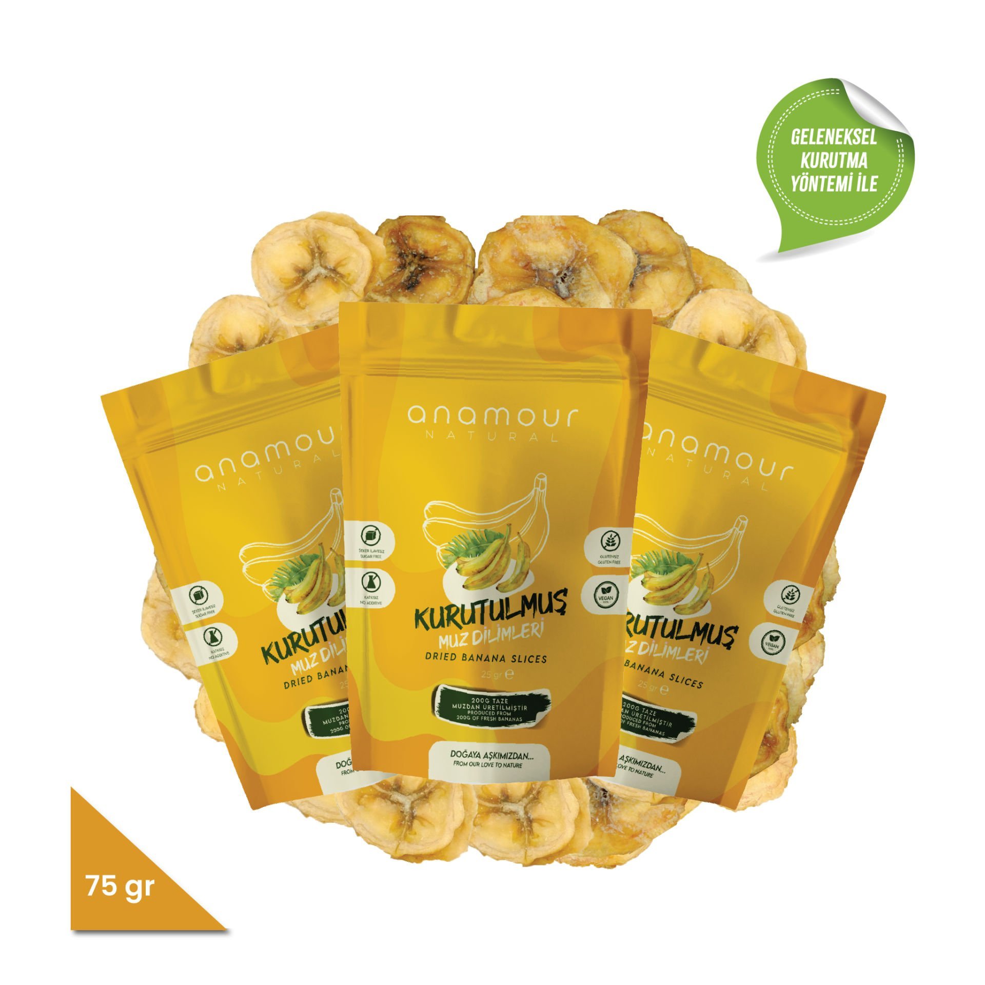 3'lü Muz Kurusu - Cips Muz (Şekersiz) - Kuru Meyve Kıtırı 75 Gram - Anamour Natural