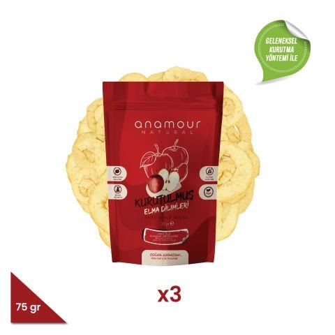 Anamour Natural Dried Apple - Chips Apple (No Sugar Added) - 3 Pack Dried Fruit 75g