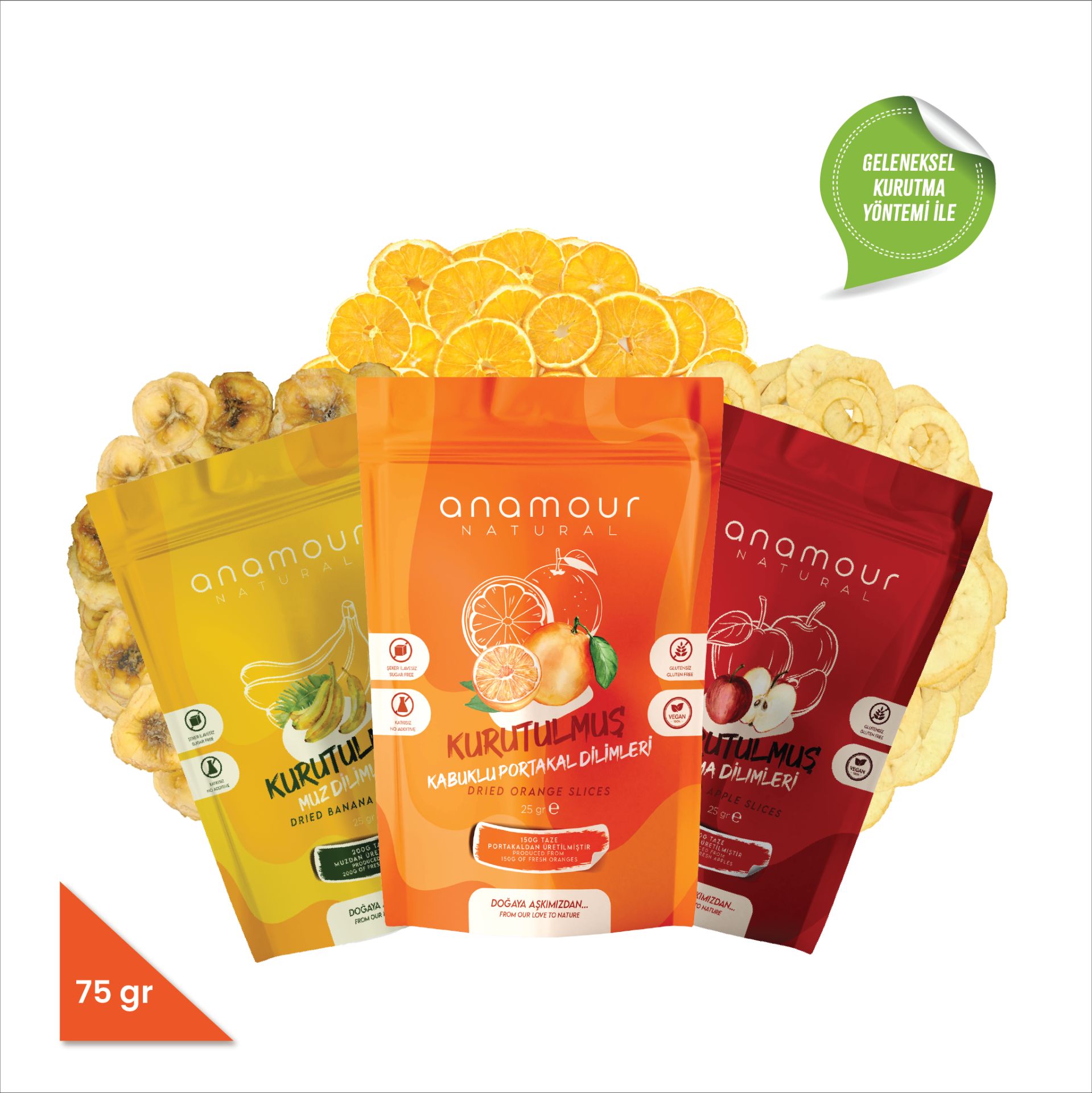 Anamour Natural Enerji Paketi - Kurutulmuş Muz Elma Portakal Dilimleri 75 Gram Kurutulmuş Meyve