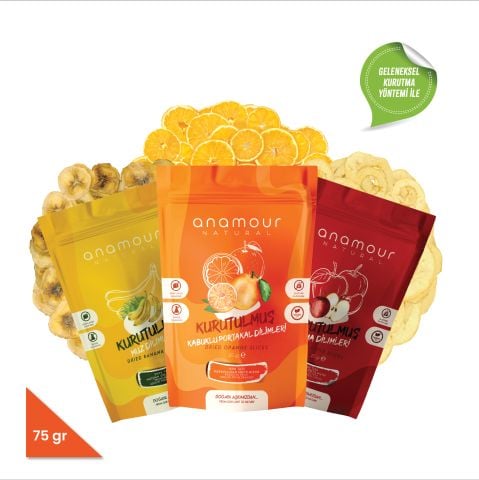 Anamour Natural Enerji Paketi - Kurutulmuş Muz Elma Portakal Dilimleri 75 Gram Kurutulmuş Meyve