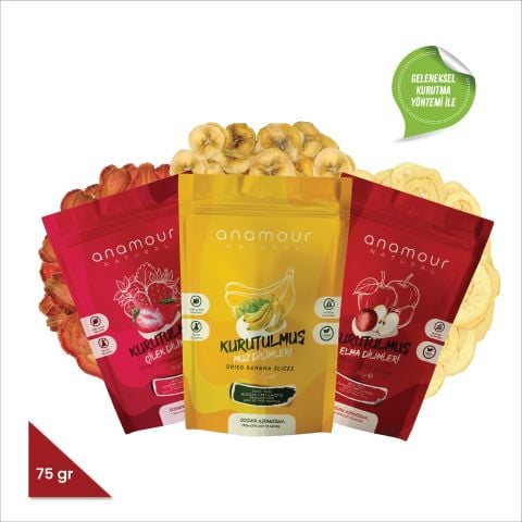 Anamour Rengarenk Mini Paketi  - Muz - Çilek - Elma Kurusu - 3'lü Paket Kuru Meyve 75g