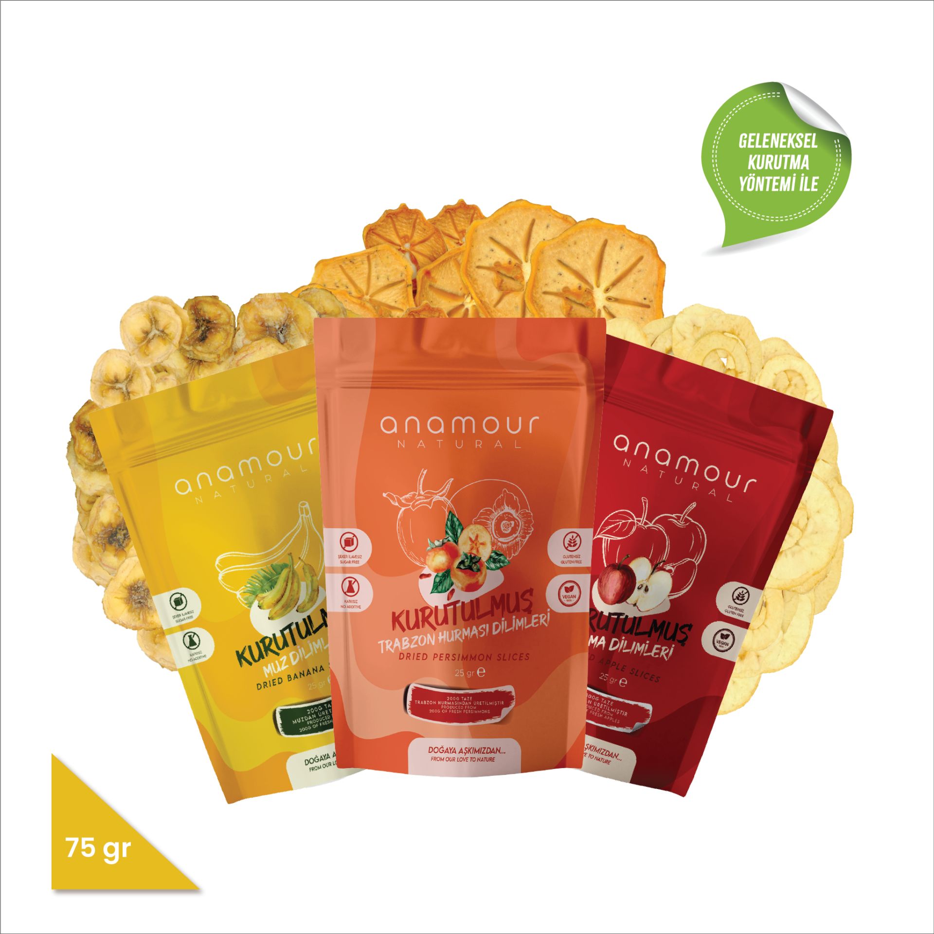 Keyif Mini Paketi (Şeker İlavesiz) - Hurma - Muz - Elma Kurusu - 3'lü Paket Kuru Meyve 75g