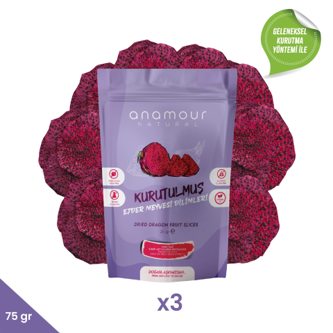 Anamour Natural Ejder Meyvesi Kurusu - Cips Ejder Meyvesi (Şeker İlavesiz) - 3'lü Paket Kuru Meyve 75g